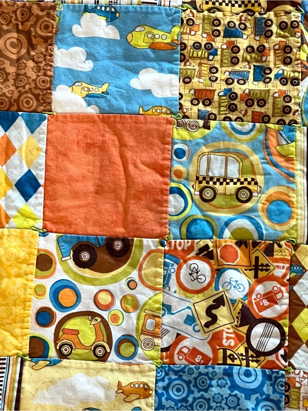 Patchwork Baby Quilt in Yellow, Blue, green 36x36” airplanes trucks car